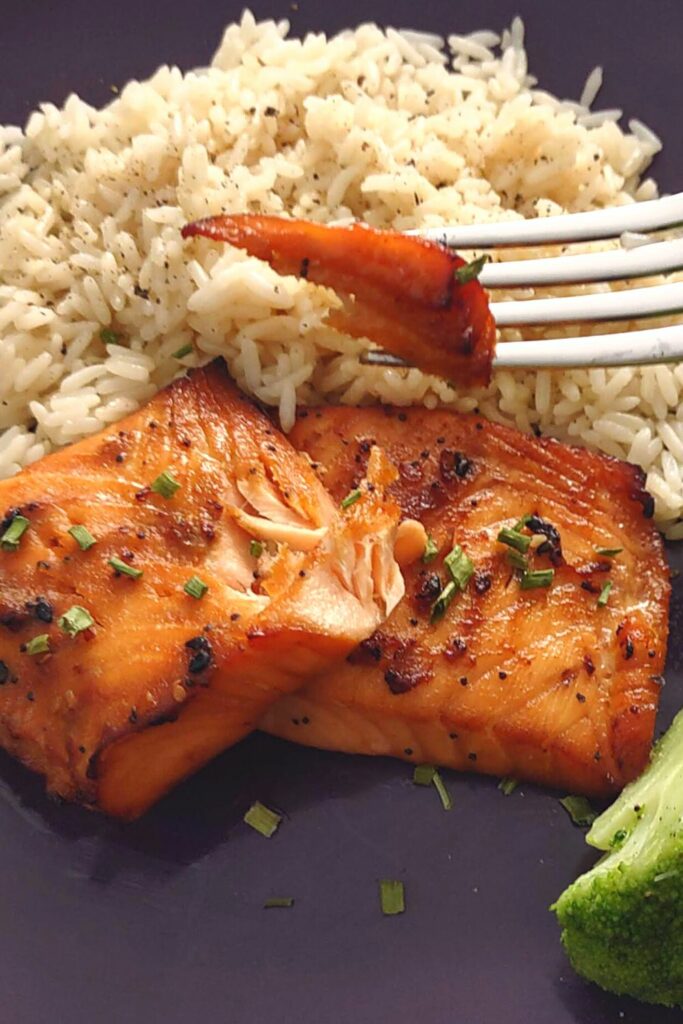 delicious reheated air fryer salmon on a plate with rice and vegetables
