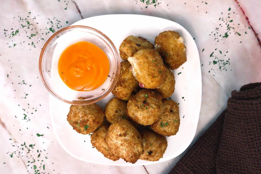 air fryer stouffers mac and cheese bites with buffalo dipping sauce