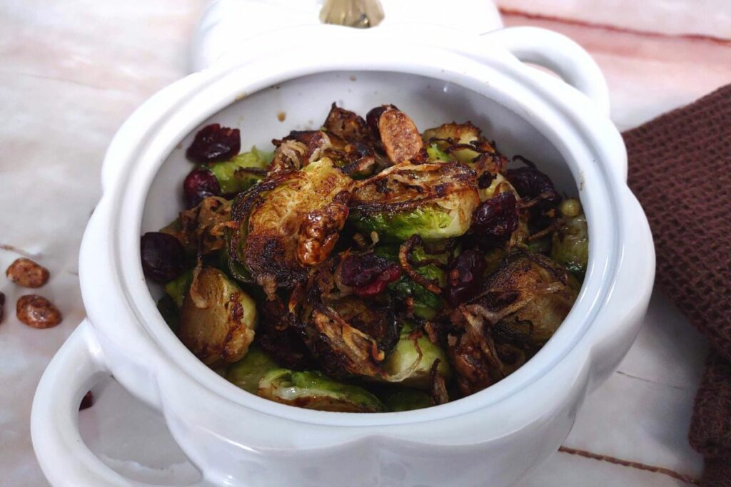 microwave steamed honey balsamic brussel sprouts in pumpkin pot