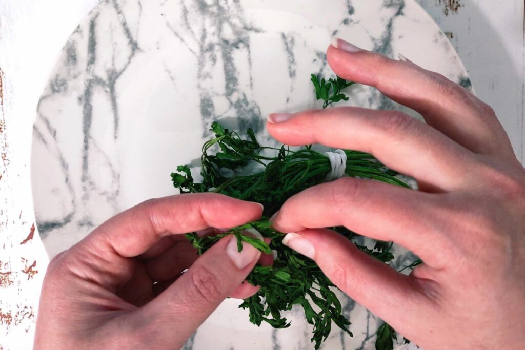peeling leaves of air fried parsley from their stems