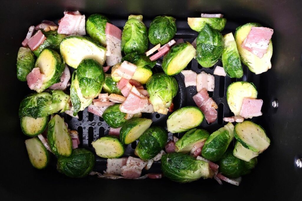 add bacon and brussel sprouts to air fryer basket