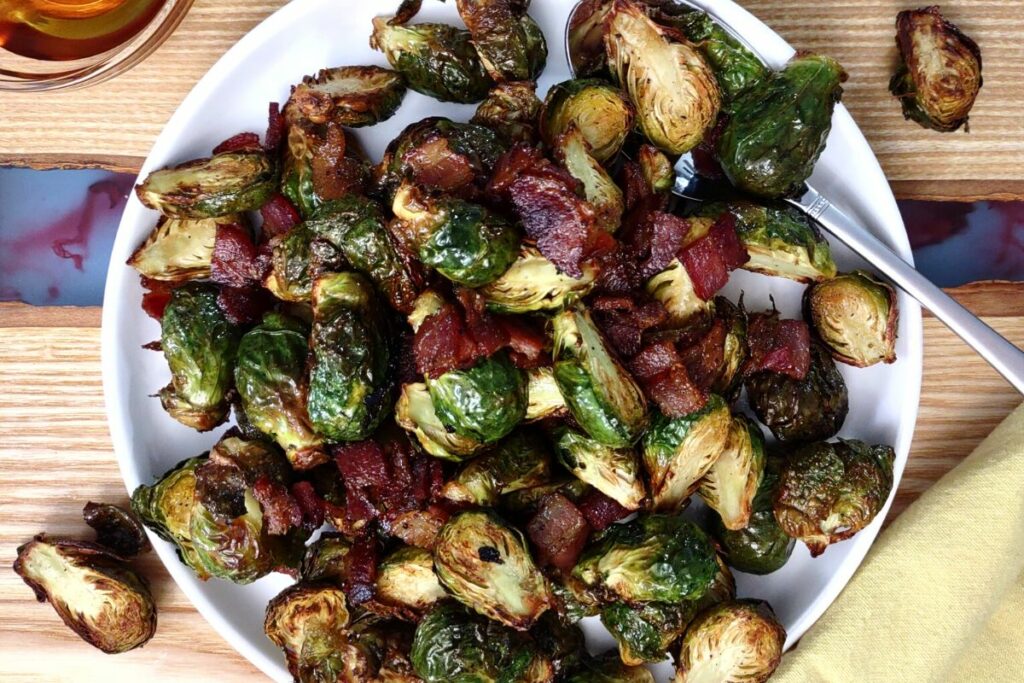 air fried brussel sprouts with bacon and maple syrup