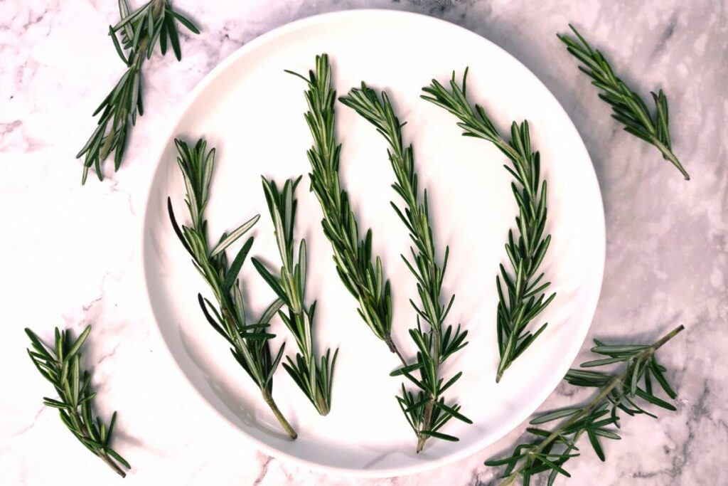 cleaned rosemary sprigs on a plate