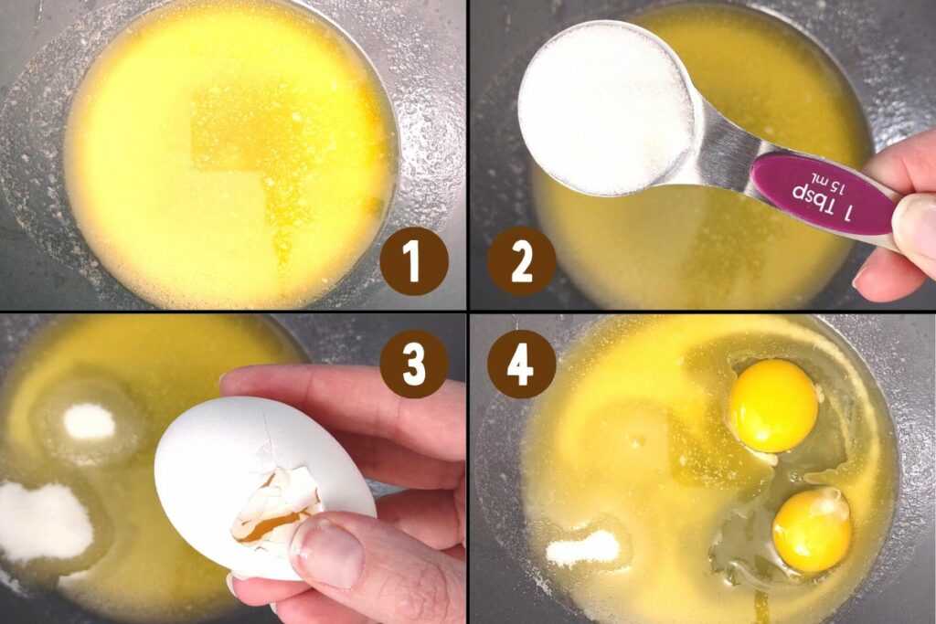 combine melted butter, sugar, and two eggs in a mixing bowl