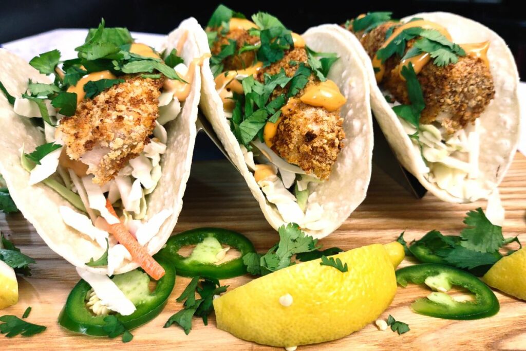 dinners done quick spicy and crunchy panko mahi mahi air fryer tacos with jalapenos and lemon