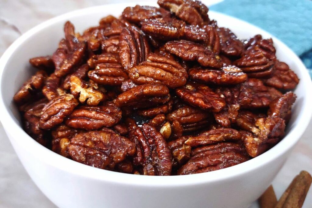 easy candied and glazed honey roasted pecans in the air fryer