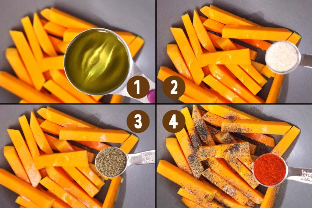 place butternut squash fries in bowl and toss with oil and seasoning