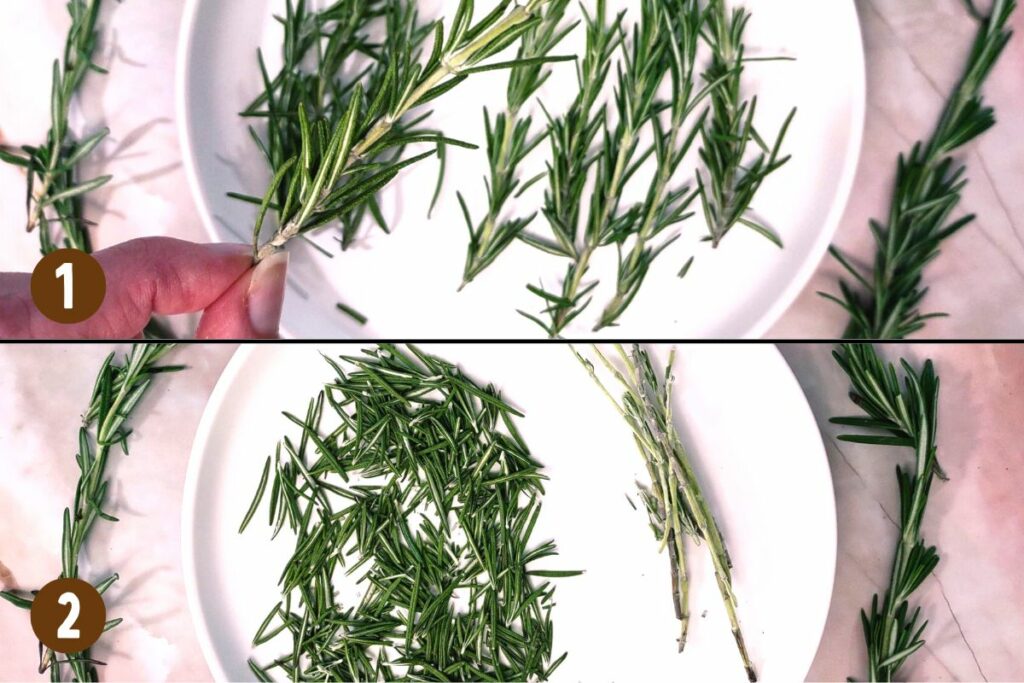 remove dried rosemary leaves by grabbing the end of the stem and running your hand up it
