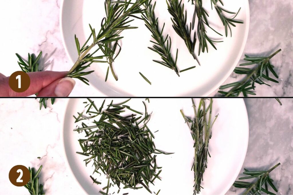 remove dried rosemary leaves by using a hand and running it up the stem