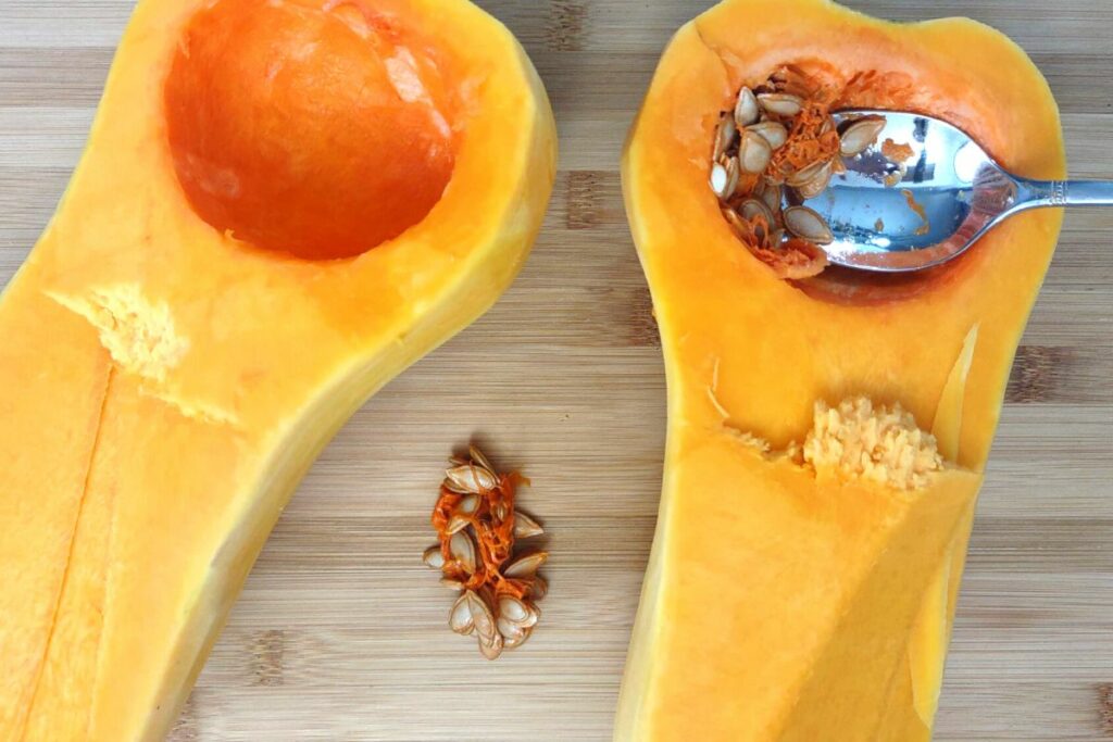 scoop out the squash seeds and pulp