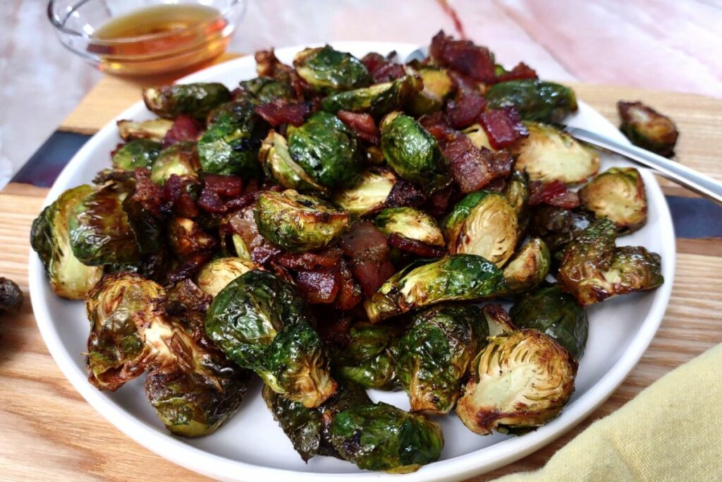 sweet and savory maple and bacon brussel sprouts in the air fryer