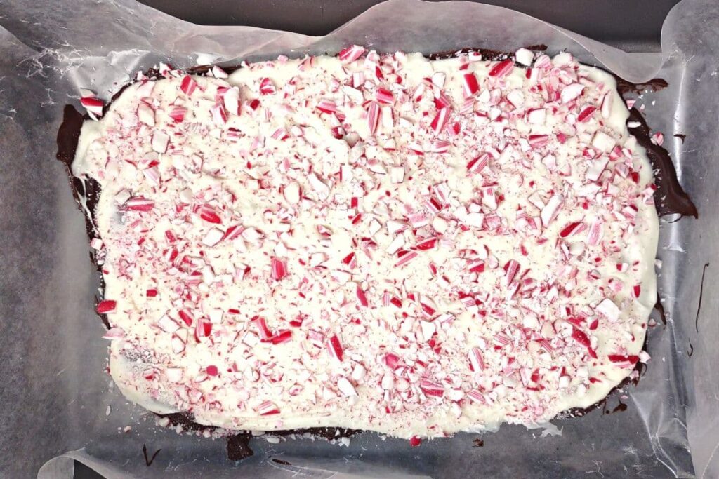 add crushed peppermint candy canes on top of white chocolate