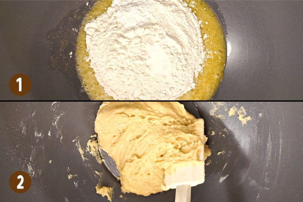 horizontal split picture adding dry ingredients to egg mixture and stirring until it's dough