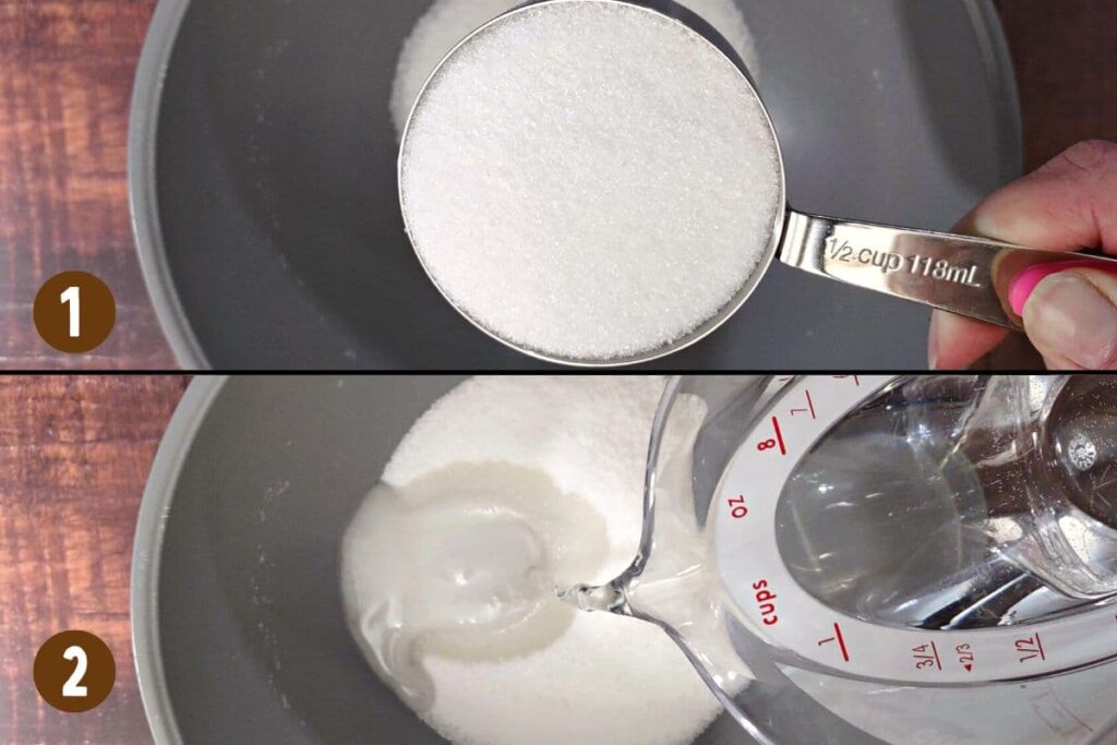 add sugar and water to a microwave safe bowl