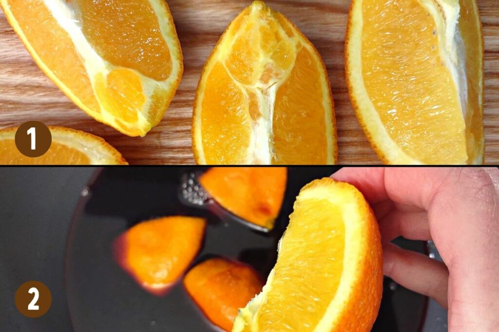 image divided into two halves with cut oranges up top and squeezed oranges in wine on bottom