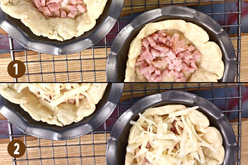 fill crusts evenly with ham and cheese