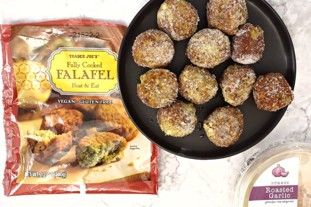 frozen falafel with trader joe packaging and hummus side