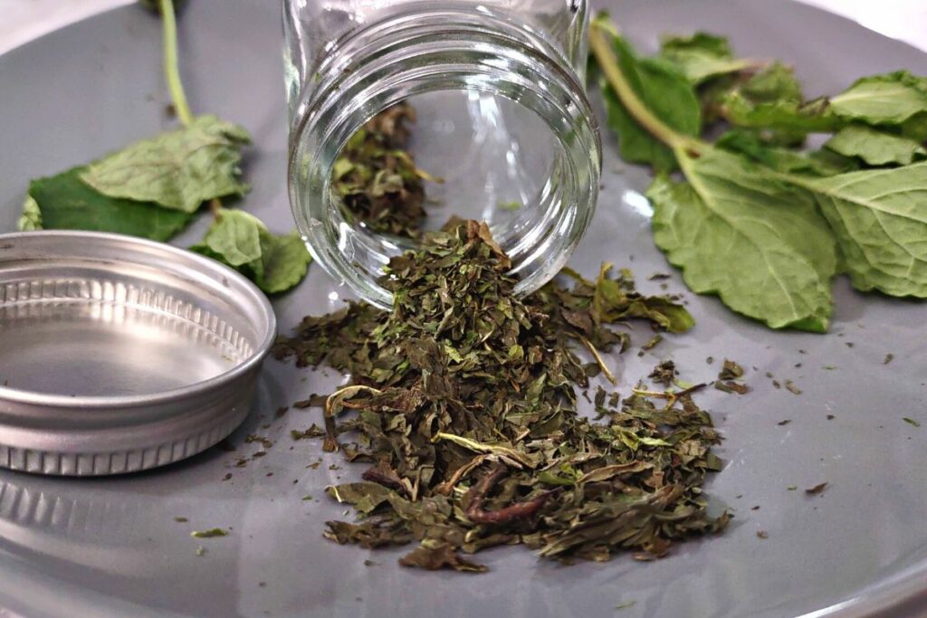 crushed air fryer dried mint leaves pouring out of a spice jar with fresh mint off to the side