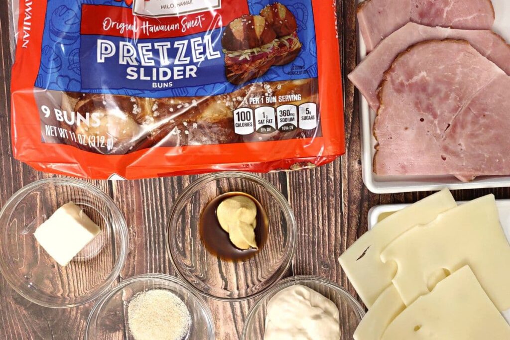 ingredients to make ham and cheese hawaiian pretzel roll sliders in the air fryer