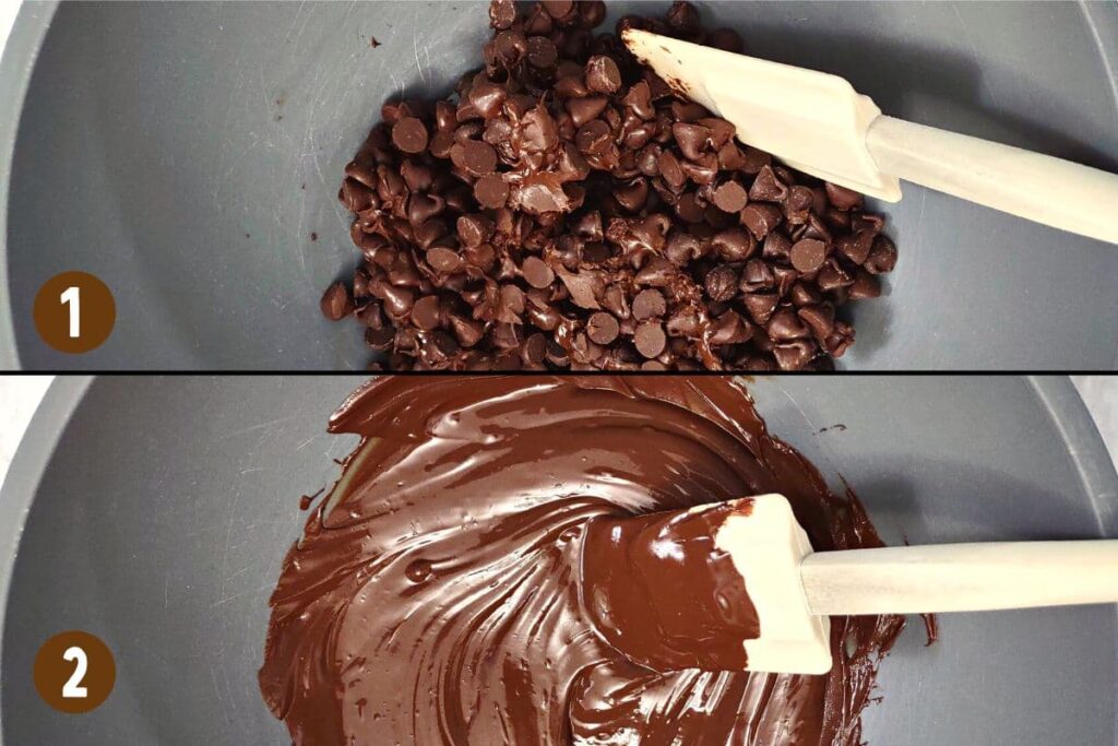 picture cut in half with chocolate chips beginning to melt on top and smoothe melted chocolate on the bottom