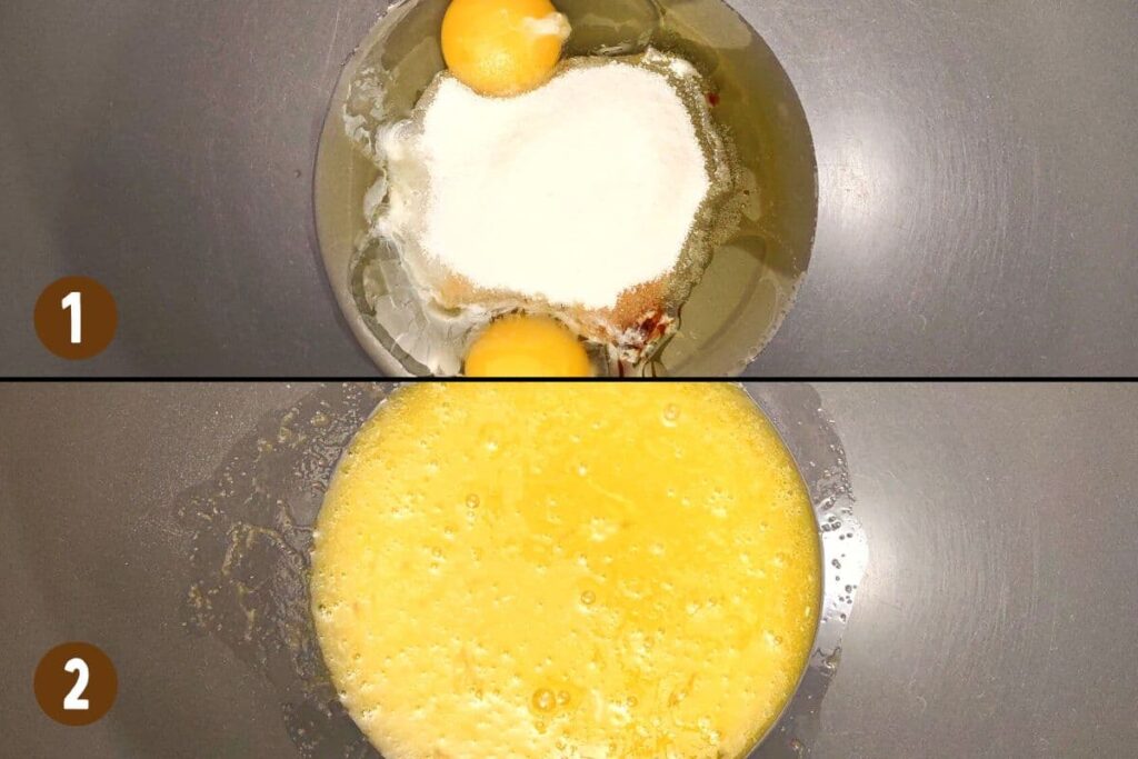 horizontally split picture adding eggs, oil, extract, and sugar into a bowl and then mixing it