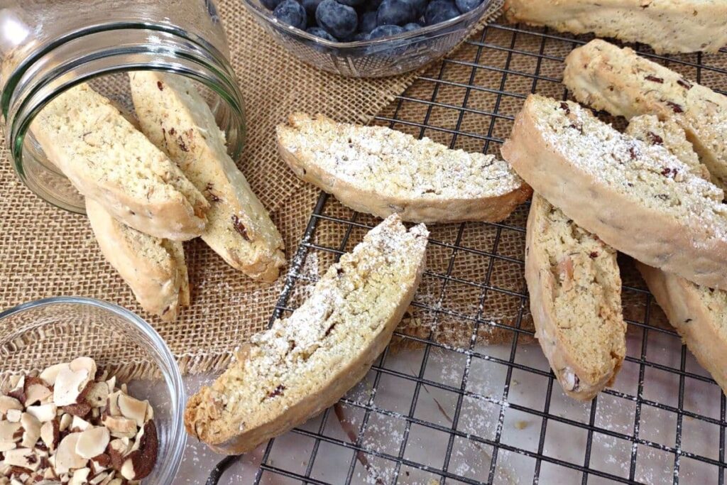 orange and almond biscotti made in the air fryer and spread across a rack