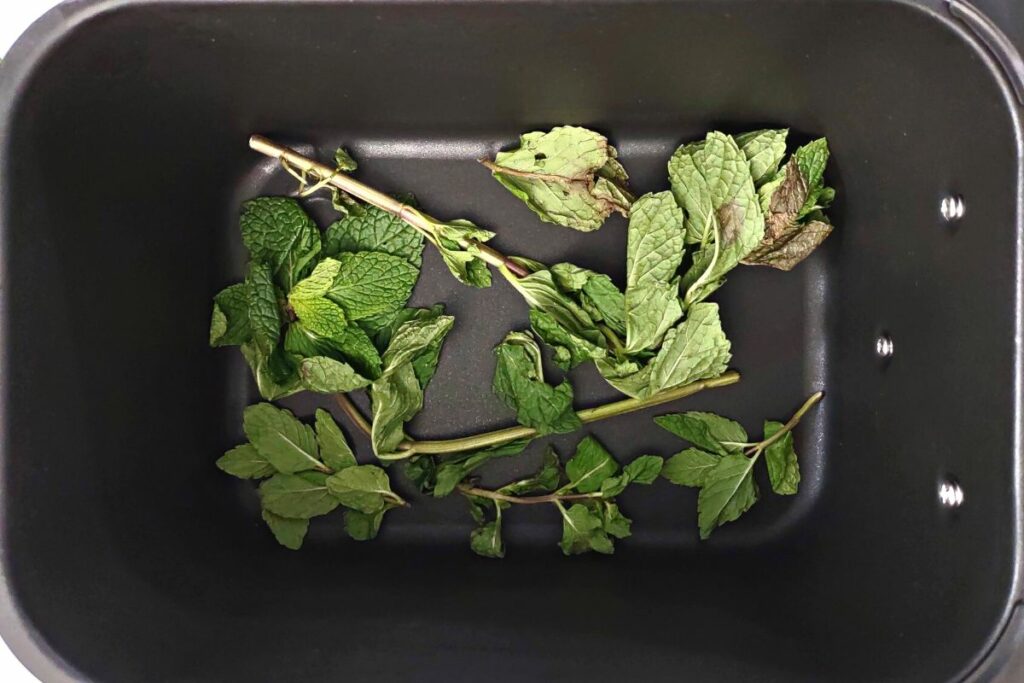 fresh mint leaves in the bottom of an air fryer basket