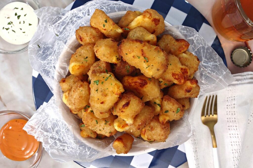 serve air fried cheese curds with your favorite dipping sauce