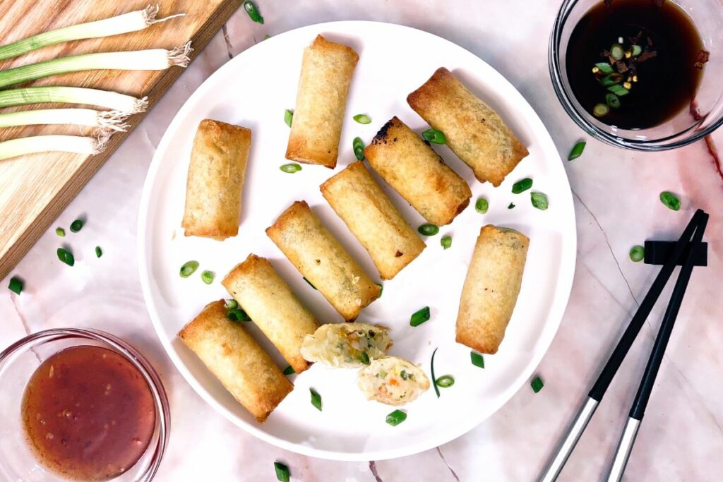 serve crispy air fryer spring rolls with your favorite dipping sauce