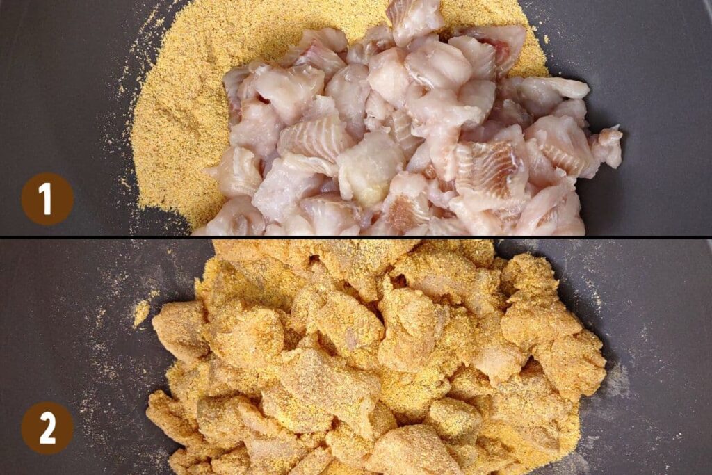 add catfish nuggets to breading bowl and evenly coat