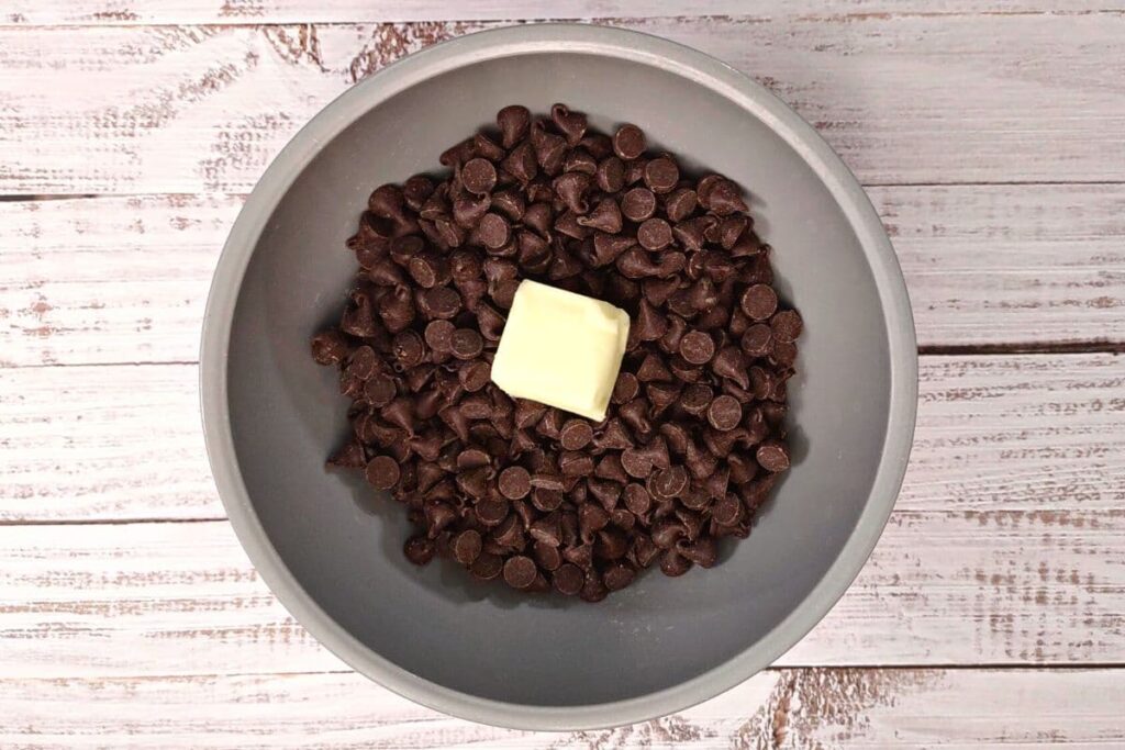 add chocolate chips and butter to microwave safe bowl