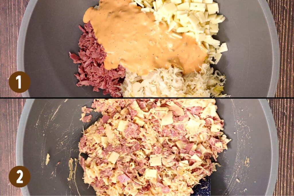 combine corned beef, sauerkraut, cheese, and thousand island dressing in a mixing bowl