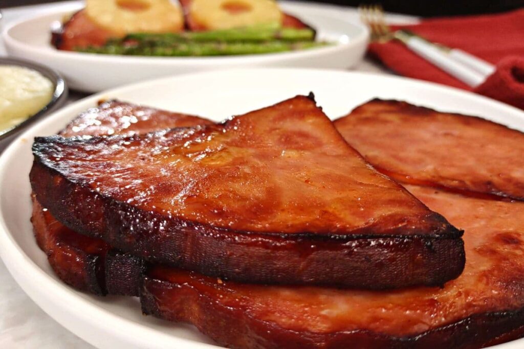 glazed air fryer ham steak slices up close