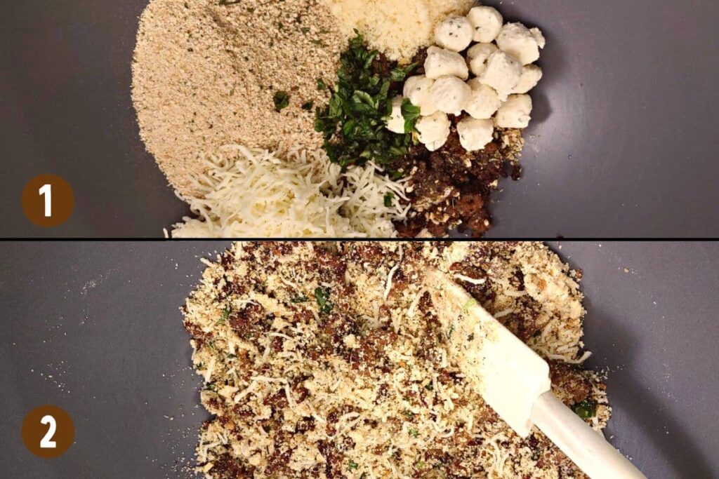 in a mixing bowl combine breadcrumbs, pepper, salt, parmesan, boursin, and mozzarella cheese