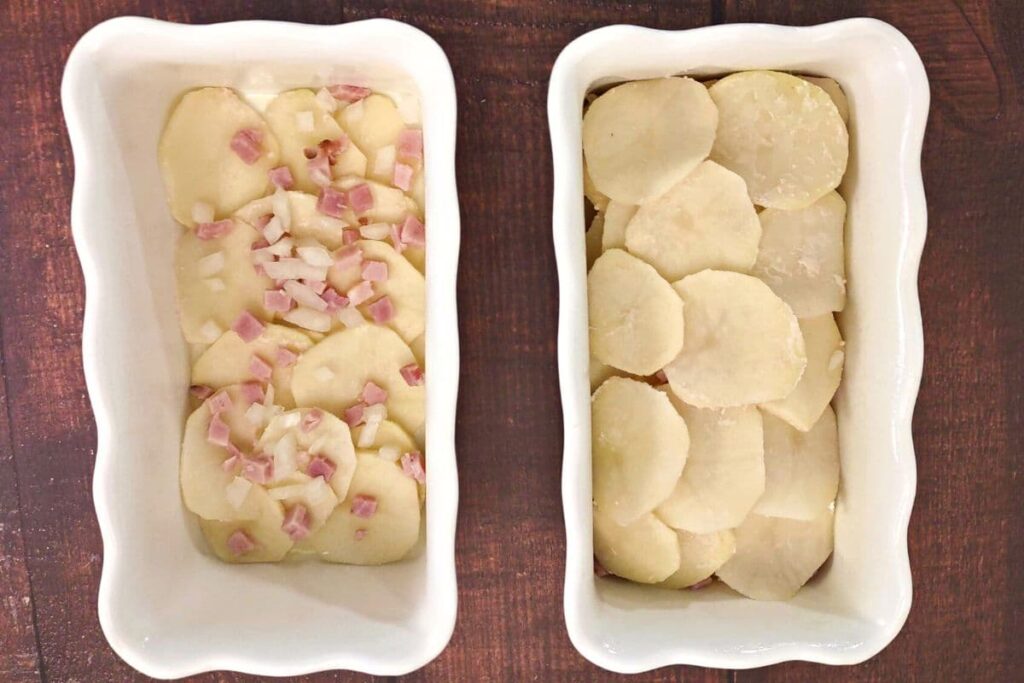 overhead view of potatoes and ham in rectangle casserole dishes