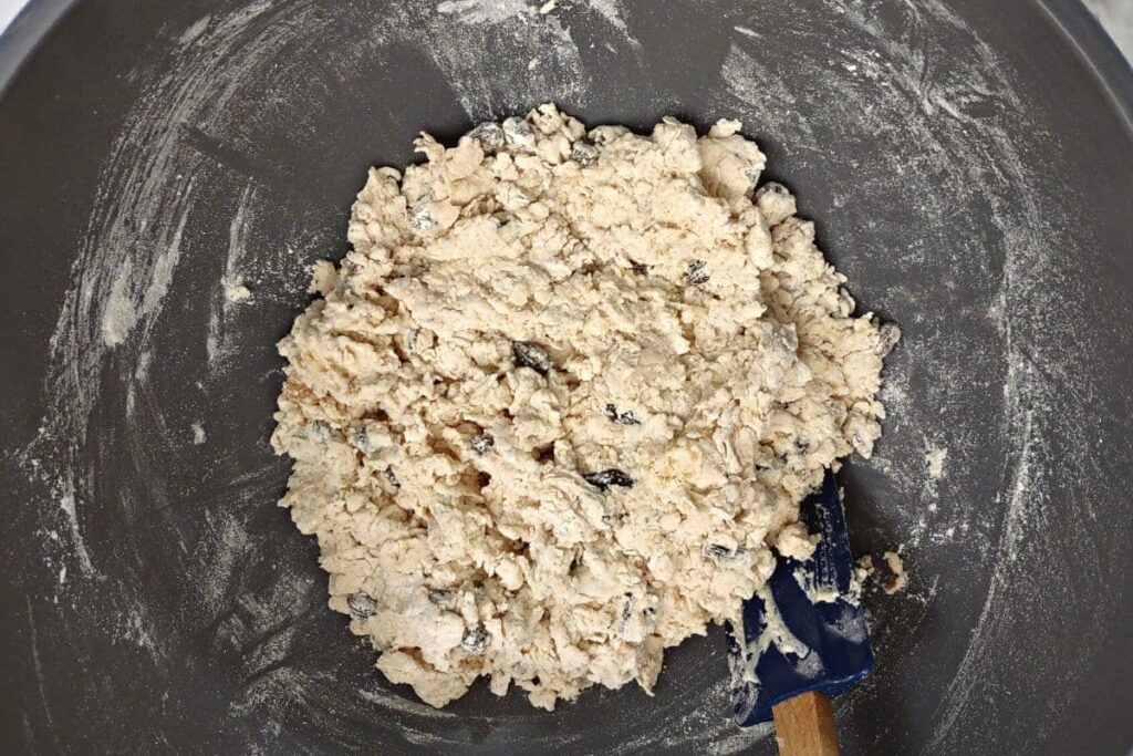 mix ingredients in bowl until it creates a shaggy dough