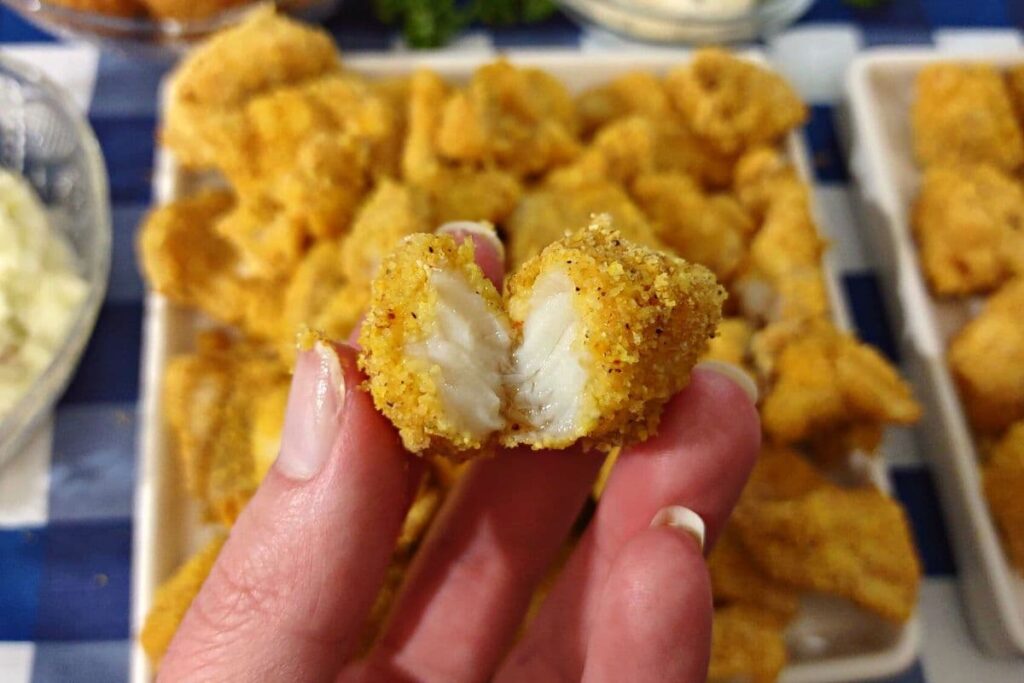opening a flaky air fryer catfish nugget