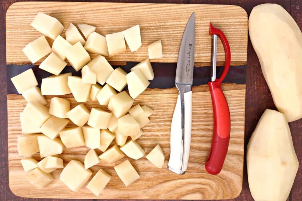 peel and slice potatoes into cubes