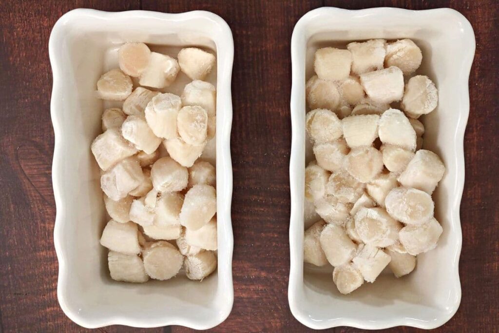place frozen scallops in oven safe dish