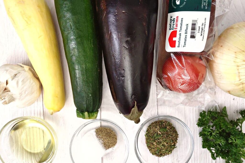 roasted ratatouille in air fryer ingredients on a counter
