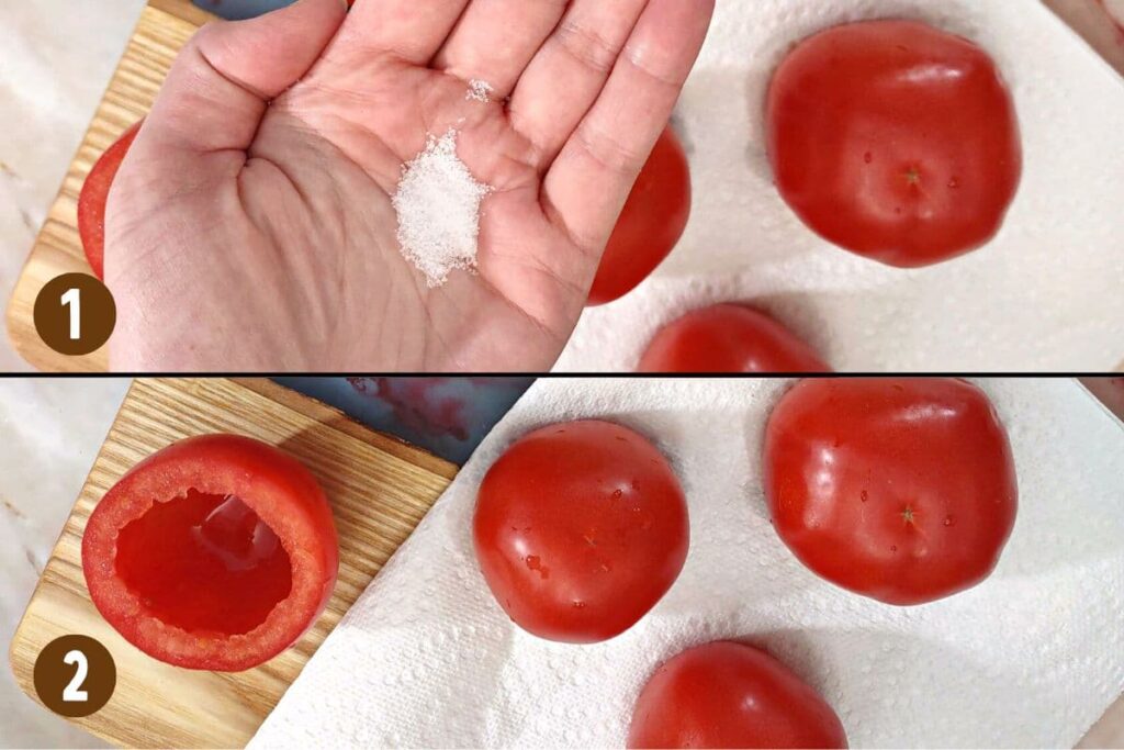 sprinkle salt inside the tomatoes, turn them over, and let them dry