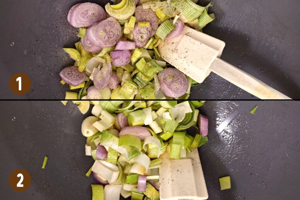 toss shallots, leeks, and garlic cloves in olive oil, salt, and pepper