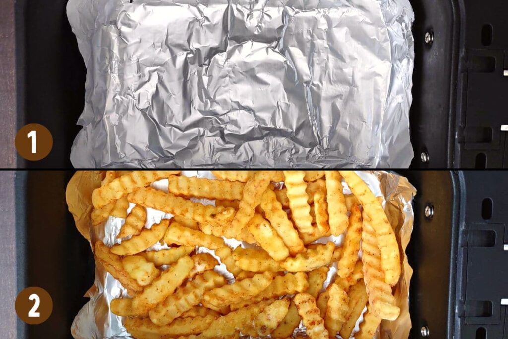 add foil to air fryer basket and place frozen fries on top