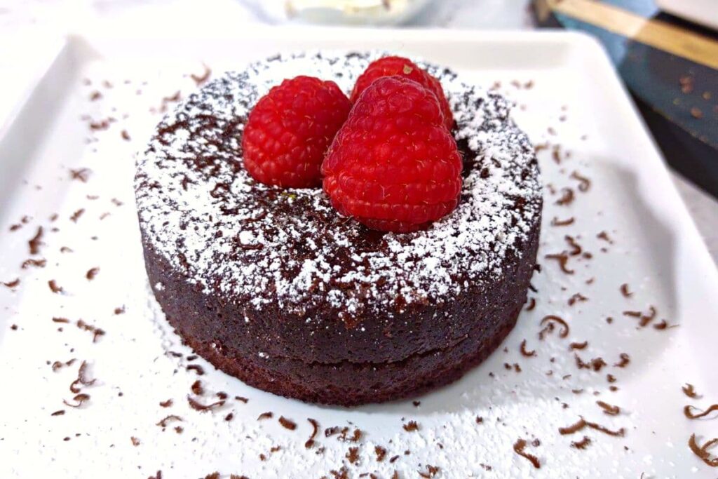 air fryer trader joes lava cake with raspberries on top