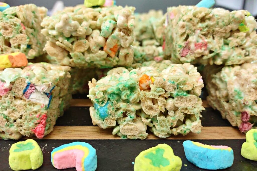 closeup cross section of lucky charms rice krispie treats made in the microwave