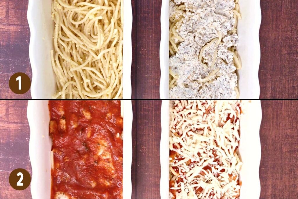 layer spaghetti ricotta and sauce in casserole dish