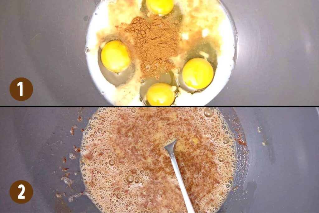 mix eggs, milk, vanilla, cinnamon, and salt in a bowl