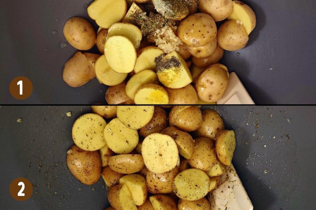 mix potato halves with other ingredients in a bowl