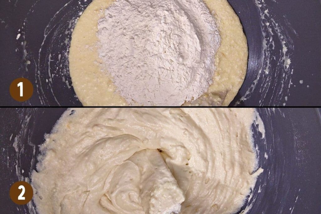 add flour, baking powder, baking soda, and salt, then stir