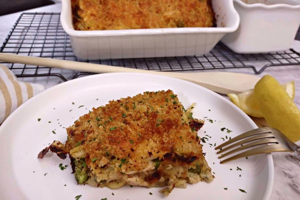 air fryer tuna casserole on a plate with a fork